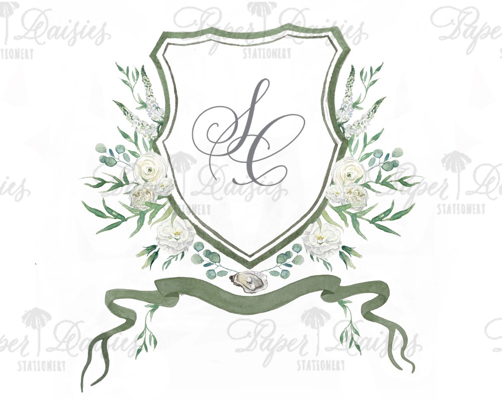 Taupe Crest with White Roses | Watercolor Floral Crest| Paper Daisies ...