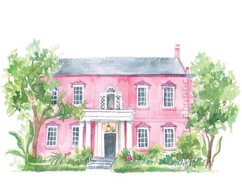 The Olde Pink House, Savannah, GA | Watercolor Venue Painting | Paper Daisies Stationery