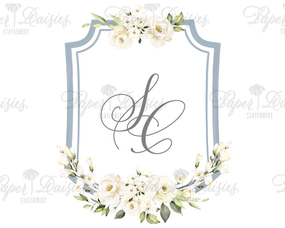 Blue Crest with Ivory Roses | Watercolor Floral Crest| Paper Daisies Stationery