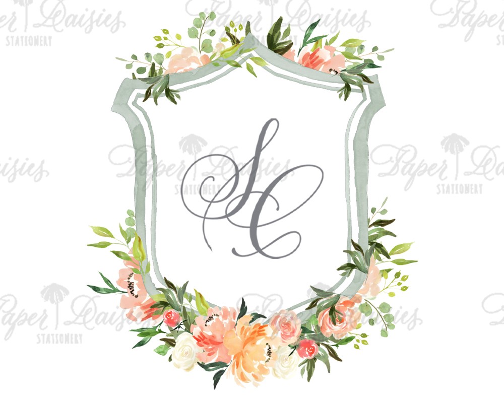 Sage Crest with Peach Florals | Watercolor Floral Crest| Paper Daisies Stationery