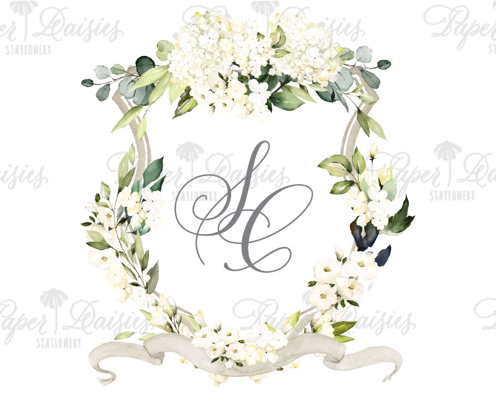 Taupe Crest with White Florals | Watercolor Floral Crest| Paper Daisies Stationery